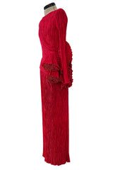Runway Fall 1988 Mary McFadden Couture Red Pleated Dress w Gold Edged Ruffle Detailing