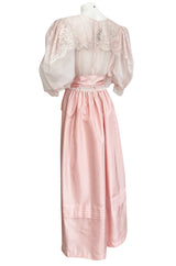 1980s Oscar de la Renta Pale Pink Taffeta, Lace & Chiffon Pouf Sleeve Dress