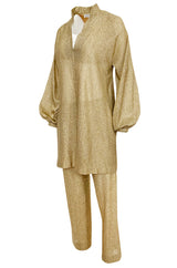 1970s Halston Bright Gold Metallic Lame Lurex Top & Pant Set