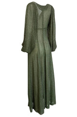 1970s Ossie Clark Metallic Green & Silver Lurex Knit Lame Plunge Dress