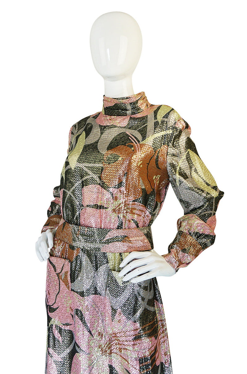 1970s Harry Levine Pink Print Lurex Lame Pocket Dress