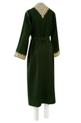 Wonderful 1920s Antique Hand Embroidered Crewel Deep Forest Green Wrap Robe or Coat