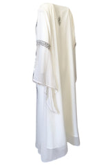 1970s Elaborate Silver, Pearl & Bead Covered Jeweled White Chiffon Caftan Dress