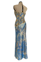 1980s James Galanos Gold Lame Blue Dress w Heavily Sequinned & Jewelled Strapless Bodice