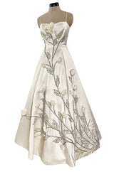 Gorgeous 1950s Emma Domb Ivory Matte Satin Dress w Sequin & 3D Flower Detailing