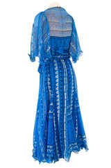 1980s Zandra Rhodes Hand Painted Silver on Blue Silk Caftan Dress w Wrap Belt & Matching Scarf