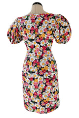 Iconic Spring 1992 Yves Saint Laurent Pink Floral Print Dress w Pouf Sleeves