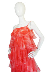 1960s Tiered & Ruffled Silk Chiffon Coral Maxi Dress