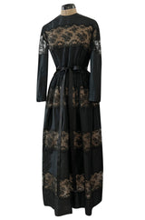 Gorgeous 1970s Larry Aldrich Black Silk Tafetta Dress w Illusion Nude Lace Panels