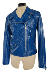 Fantastic 1990s Moschino Jeans Bright Blue Patent Faux Leather Motorcycle Jacket