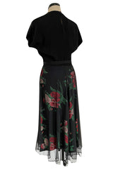 Gorgeous 1930s Best & Co. Black Silky Rayon Top w Netted Over Floral Printed Swing Skirt