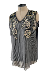 Wonderful Little Upcycled Black & White Striped Silk Chiffon Top W Hand Applied Twenties Details
