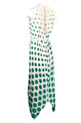 c.1972 Pauline Trigere Graduated Green Dots on Bias Cut Silk Dress