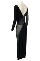 Fall 1997 Halston Black Bias Cut Jersey Dress w Transparent Beaded Net Panel
