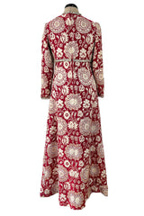 Stunning 1970s Adele Simpson Red & Gold Brocade Dress w Rhinestone Detailing