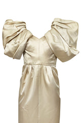1980s Jacqueline De Ribes Ivory Silk Satin Dress w Amazing Sleeves