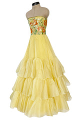 Spring 1977 Jean Louis Scherrer Haute Couture Strapless Floral Sequin Silk Dress w Matching Silk Cape