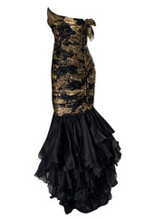 Fall 1988 Emanual Ungaro Strapelss Gold Metallic Black & Gold Ruffled Hem Dress