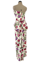 Beautiful 1950s Philip Hulitar Couture Brilliant Floral on Ivory Print Silk Strapless Dress