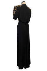 Stunning 1930s Unlabeled Moss Silk Crepe Dress w Dense Beading Sequin & Gold Thread Embroidery