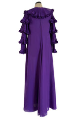 Unusual 1970s Miss Dior Purple Silk Chiffon Tiered & Pleated Sleeve Caftan Dress