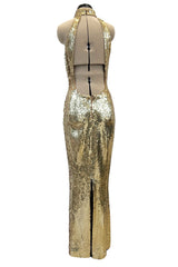 Rare Spring 1973 Loris Azzaro Ad Campaign Documented Gold Metallic Sequin Backless Halter Dress
