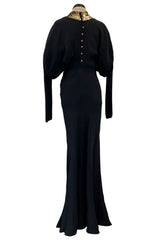 Fabulous 1930s Bias Cut Black Crepe w Gold Sequin Collar and Gold Metal Button Detail