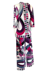 Iconic 1960s Emilio Pucci Pink Print Velvet Pant & Tunic/Dress Set