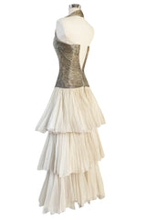 Rare Late 1920s Early 1930s Howard Greer Silver Beaded Halter Dress w Silk Tulle Net Tiered Skirt