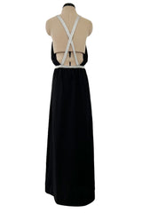 1970s Goldworm Black Knit Backless Dress w Silver Metallic Straps & Elastic Waist