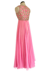 1960s Pat Sandler Pink Silk Chiffon Dress w Rhinestone & Gold Metal Cord Bodice Detailing
