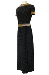 1971-73 Donald Brooks Brass and Silver Stud & Bead Black Crepe Dress