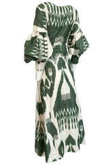 2018 Zazi Handmade Vintage Green & Ivory Cotton Ikat Caftan Dress