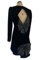Exceptional 1980s Ady Couture Lausanne Black Velvet Dress w Open Back & Bows