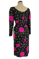 Prettiest 1980s Vicky Tiel Couture Hourglass Bright Pink Floral Print Silk Dress