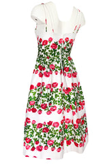 1960s Unlabeled Pink & Green Floral Print on White Cotton Dress