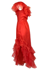 1980s Bellville Sassoon Ruffled Red Chiffon One Shoulder Dress