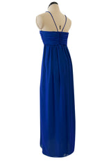Prettiest 1970s Adele Simpson Deep Blue Chiffon Dress w Green Ruffle Front Halter Dress
