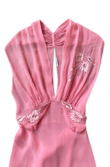 1930s Pink Silk Hand Applique Detailed Boudoir Negligee Lingerie Dress
