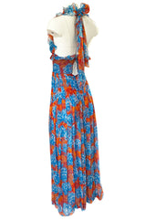 Spectacular c.1978 Valentino Blue & Coral Floral Silk Halter Backless Dress