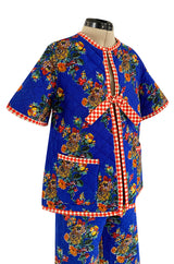 Rare 1971 Marion Foale and Sally Tuffin Blue Floral & Red Checked Pant Jacket & Hat Set