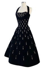 Incredible 1950s Ceil Chapman Jewelled Rhinestone Tear Drop Black Velvet Shelf Bust Dress