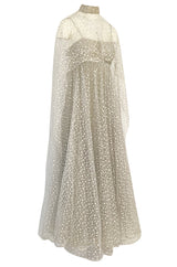 1970s Unlabeled Alfred Bosand Sequin Bodice Dotted Silk Net Dress W Matching Cape Overlay