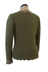 Prettiest 1980s Wolkenstricker Moss Green Colour Hand Knit Cardigan Sweater w Pink Floral Details