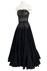 Rare c.1947 Nina Ricci Early Haute Couture Strapless Black Lace & Silk Taffeta Dress