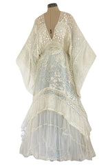 Important 1972 Zandra Rhodes Hand Painted 'Butterfly' Kimono Sleeve Dress w Lily Print & Original Petticoat