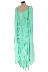 Prettiest 1980s Stavropoulos Soft Mint Green Silk Chiffon Dress w Full Cape Sleeves