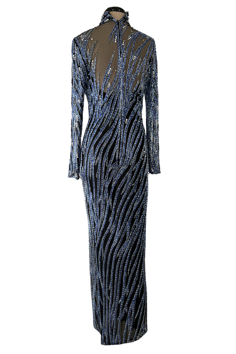 Incredible 1980s Bob Mackie Blue & Silver Beaded & Sequin Dress on Black Net