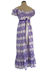Late 1960s Anne Fogarty Soft Lavender Purple & White Floral Off Shoulder Empire Waist Dress