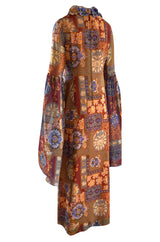Spectacular 1960s Tina Leser Original  Printed Silk Voile Extra Long Angel Sleeve Dress